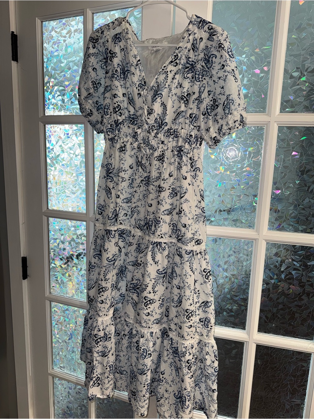 Lucky Brand White and Navy Paisley Tiered Maxi Dress
